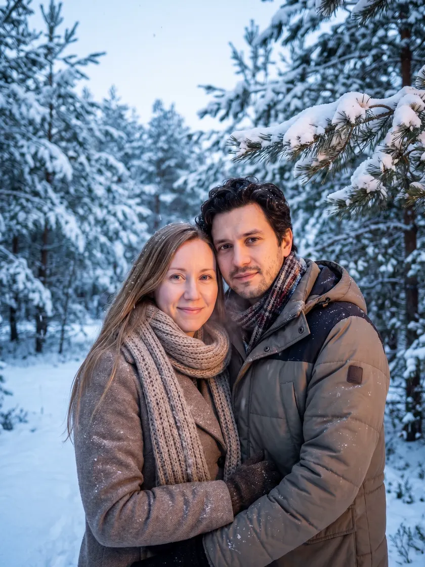 Парная сцена «Зима», собранная нейросетью по двум селфи
