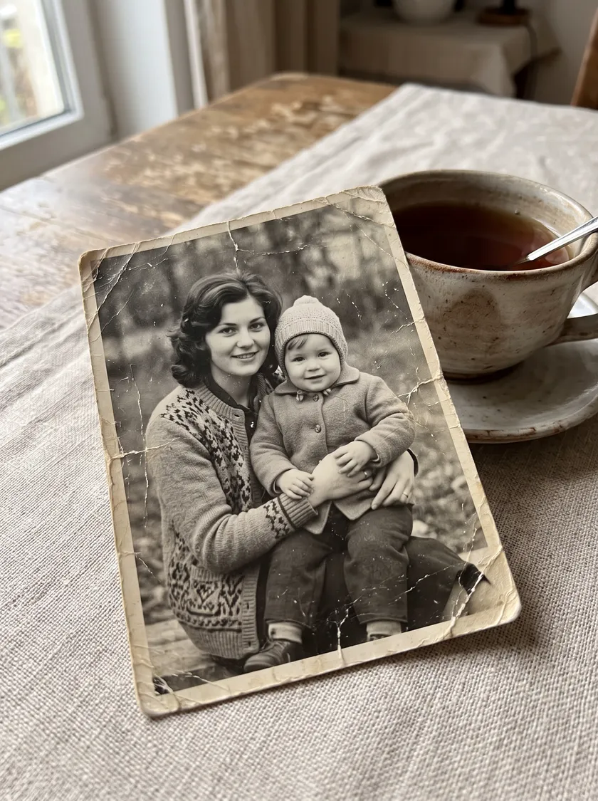 Старая выцветшая фотография мамы с ребёнком на руках — карточка из семейного архива