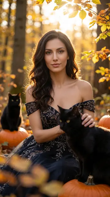 Осенняя ведьма с котами — AI-фотосессия на Хэллоуин